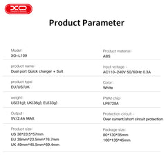 XO L109 (UK) Φορτιστής με Διπλή Θύρα USB-A 2.4A