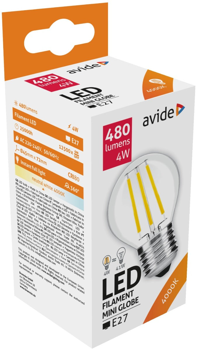 Avide Λάμπα LED Filament Σφαιρική 4W E27 360° Λευκό 4000K