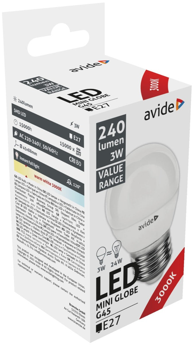 Avide Λάμπα LED Σφαιρική 3W E27 Θερμό 3000K Value