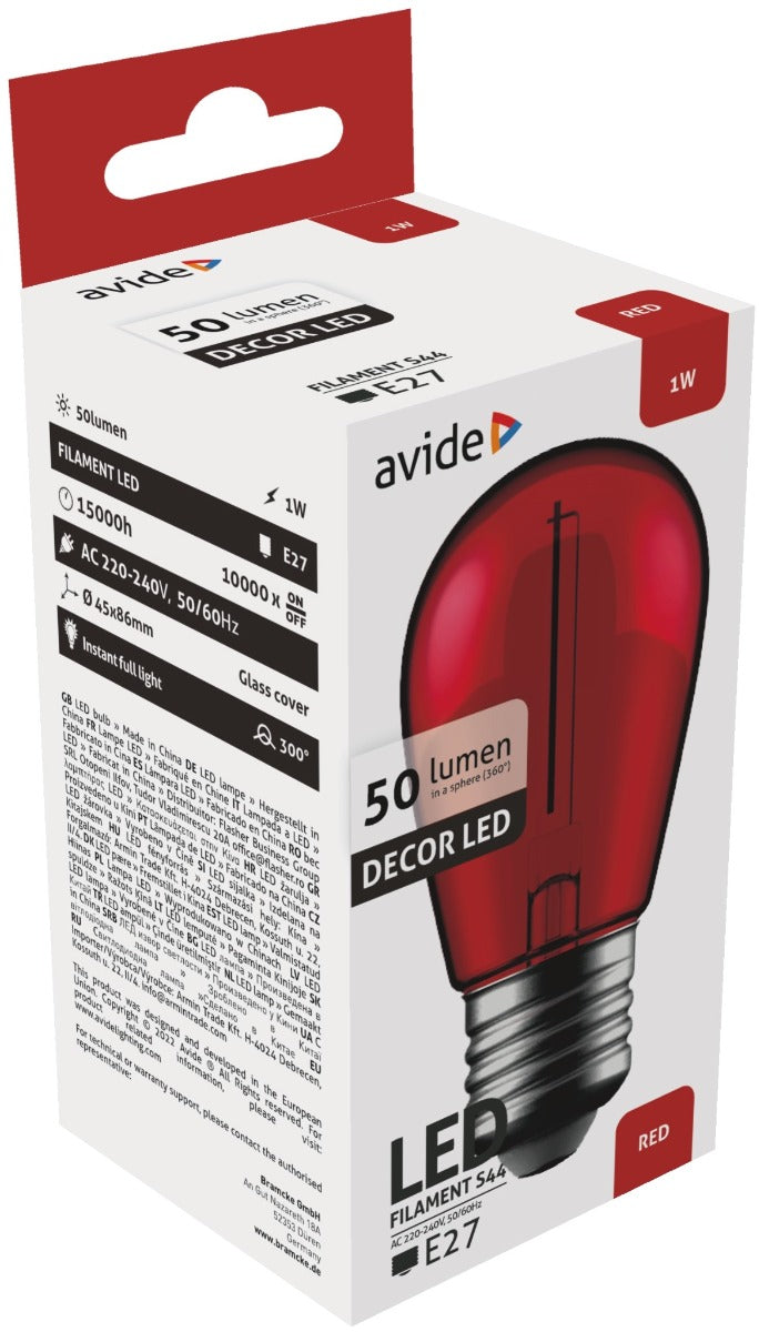 Avide Διακοσμητική LED Λάμπα Filament 1W E27 Κόκκινη