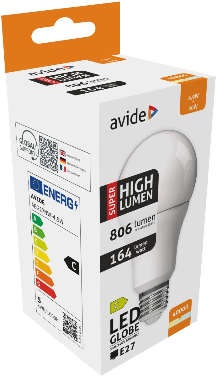 Avide Λάμπα LED Κοινή A60 4.9W E27 Λευκό 4000K Super High Lumen
