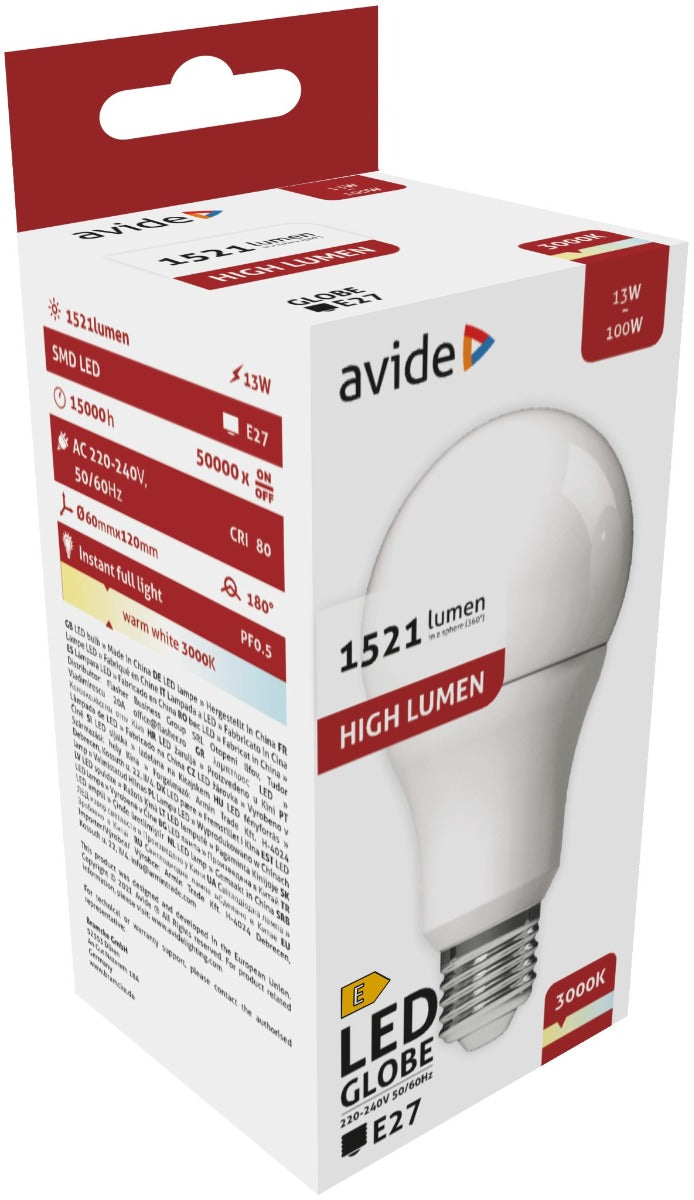 Avide Λάμπα LED Κοινή A60 13W E27 Θερμό 3000K
