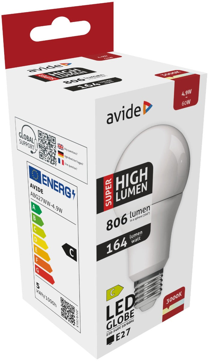 Avide Λάμπα LED Κοινή A60 4.9W E27 Θερμό 3000K Super High Lumen