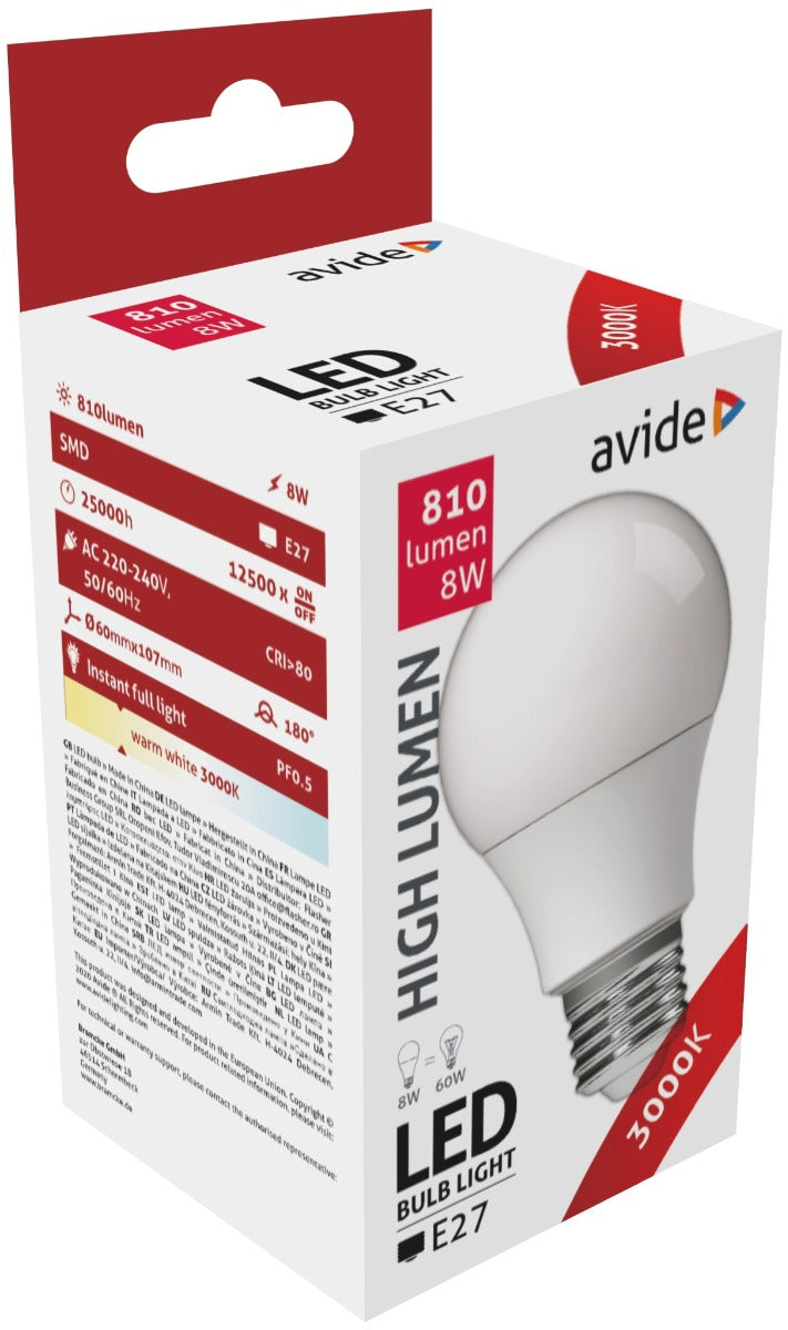 Avide Λάμπα LED Κοινή A60 8W E27 Θερμό 3000K