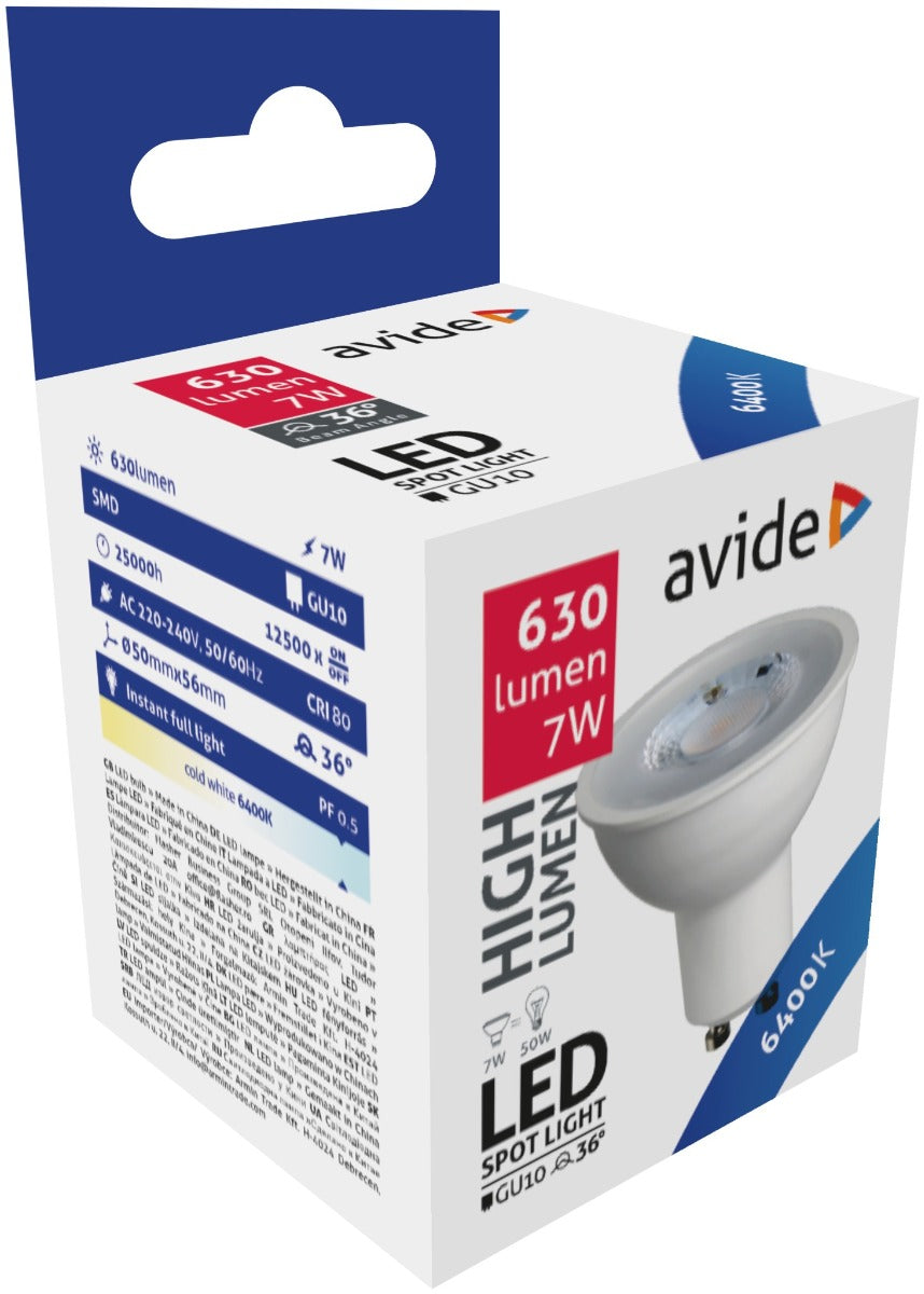 Avide Λάμπα LED Σποτ Αλουμίνιο + Πλαστικό 7W GU10 36° Ψυχρό 6400K Super High Lumen
