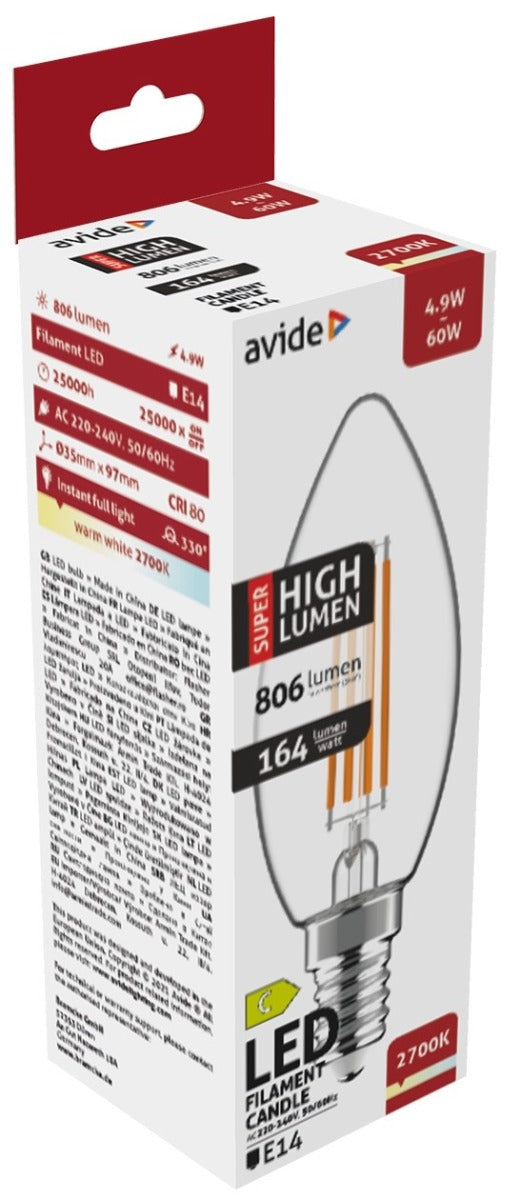 Avide Λάμπα LED Filament Κερί 4.9W E14 Θερμό 2700K Super High Lumen