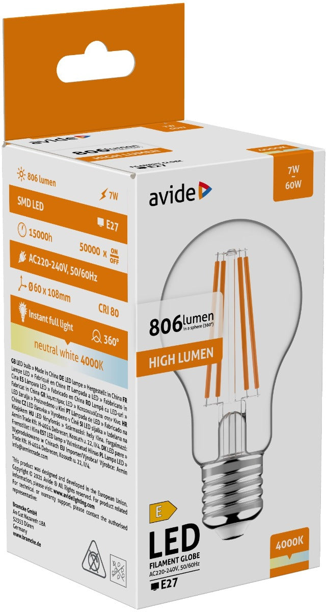 Avide Λάμπα LED Filament Globe 7W E27 NW 4000K