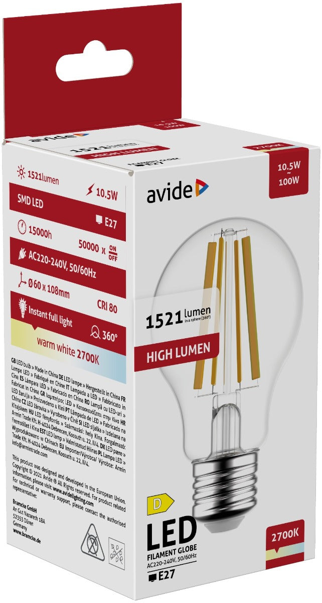 Avide Λάμπα LED Filament Κοινή 10.5W E27 A65 360° Θερμό 2700K High Lumen