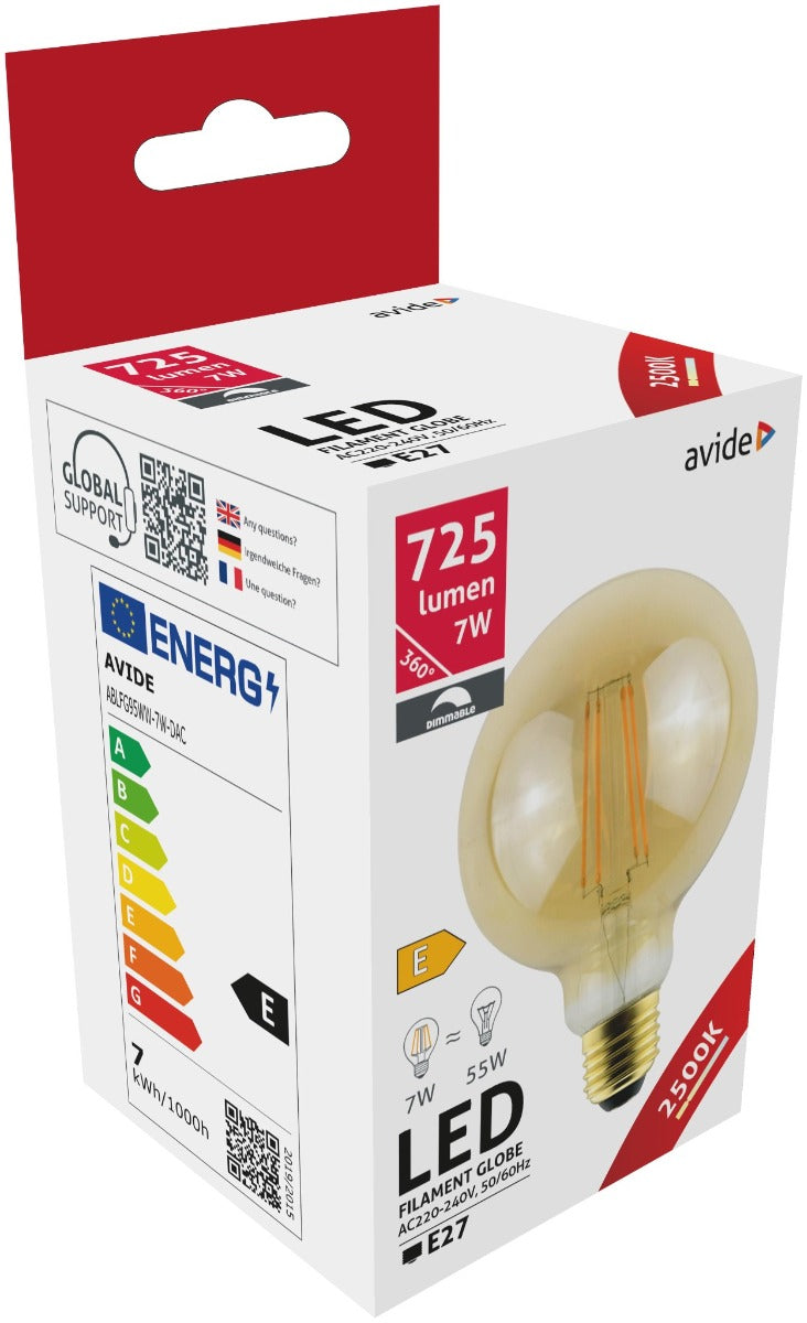 Avide Λάμπα LED Filament Κοινή G95 7W E27 360° Θερμό 2500K Ντιμαριζόμενο Κεχριμπάρι