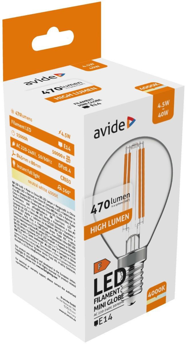 Avide Λάμπα LED Filament Σφαιρική 4.5W E14 Λευκό 4000K