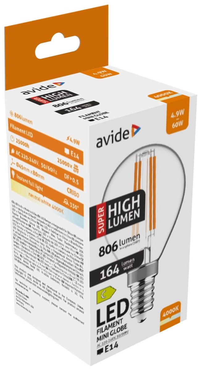 Avide Λάμπα LED Filament Σφαιρική 4.9W E14 Λευκό 4000K Super High Lumen