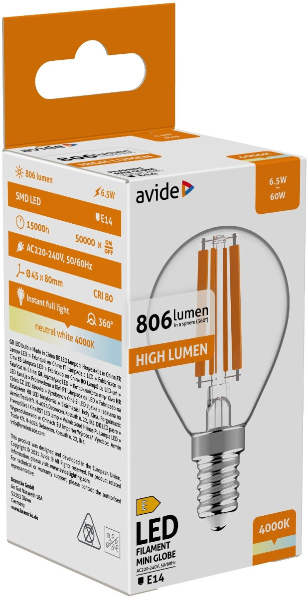 Avide Λάμπα LED Filament Mini Σφαιρική 6.5W E14 NW 4000K High Lumen