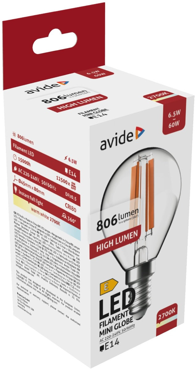 Avide Λάμπα LED Filament Mini Σφαιρική 6.5W E14 WW 2700K High Lumen