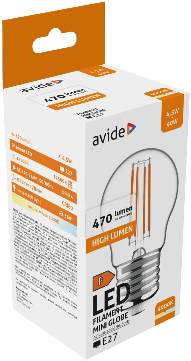 Avide Λάμπα LED Filament Mini Σφαιρική 4.5W E27 NW 4000K