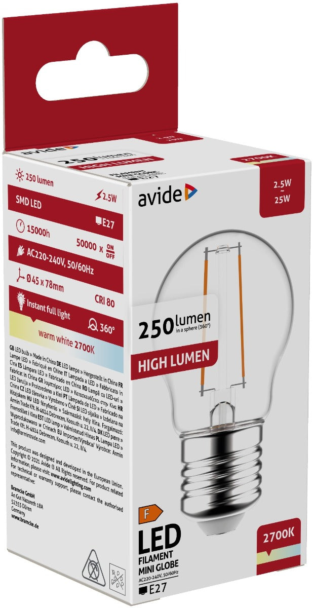 Avide Λάμπα LED Filament Mini Σφαιρική 2.5W E27 WW 2700K