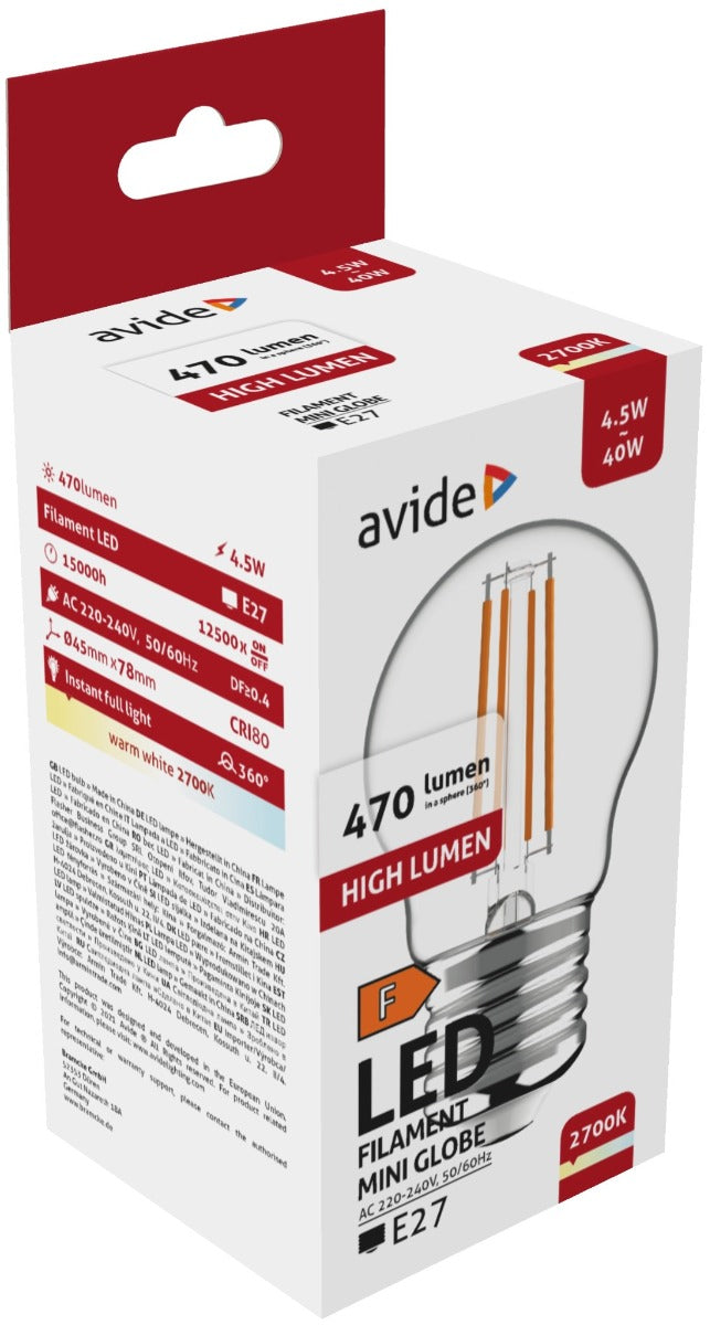 Avide Λάμπα LED Filament Mini Σφαιρική 4.5W E27 WW 2700K