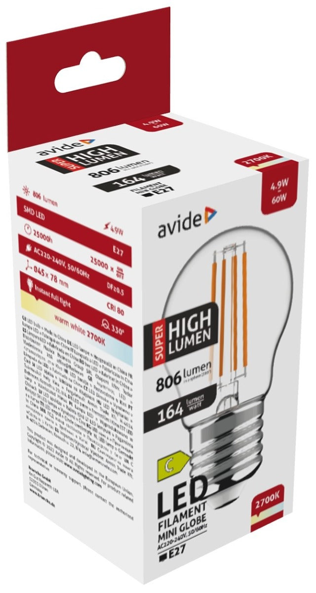 Avide Λάμπα LED Filament Σφαιρική 4.9W E27 Θερμό 2700K Super High Lumen
