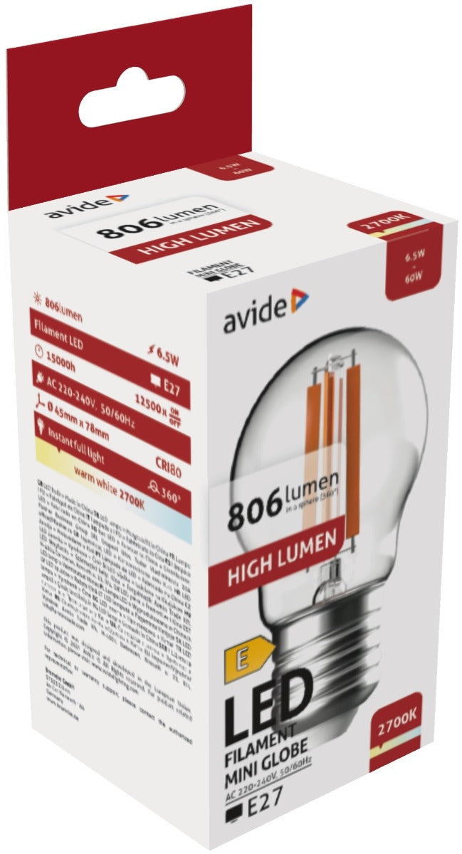 Avide Λάμπα LED Filament Mini Σφαιρική 6.5W E27 WW 2700K High Lumen