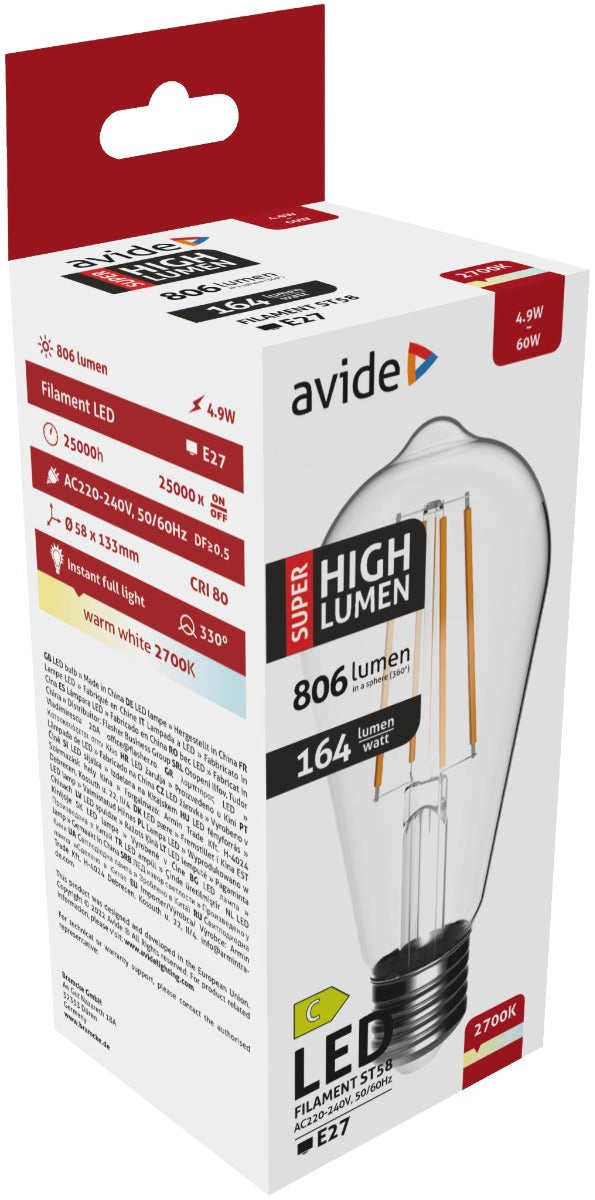 Avide Λάμπα LED Filament ST58 4.9W E27 Θερμό 2700K Super High Lumen