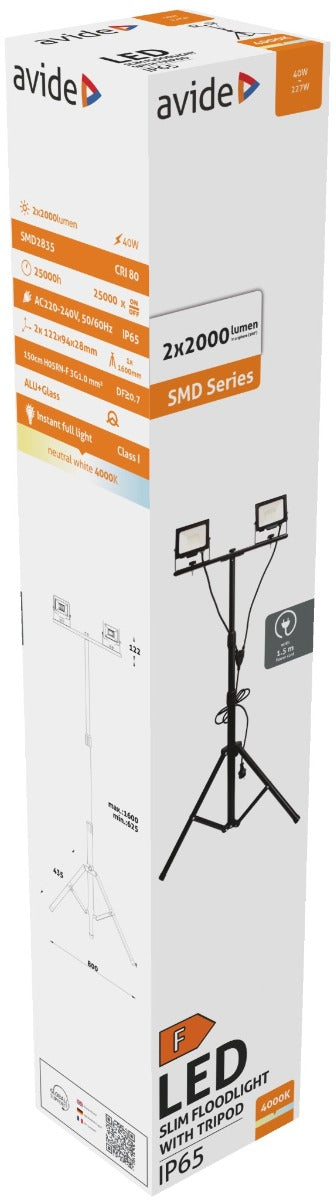 Avide LED Προβολέας Slim SMD 2x20W NW 4000K 2 Κεφαλές με Τρίποδο