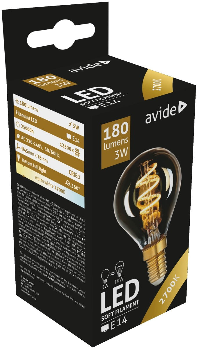 Avide Λάμπα LED Soft Filament Σφαιρική 3W E14 360° Θερμό 2700K