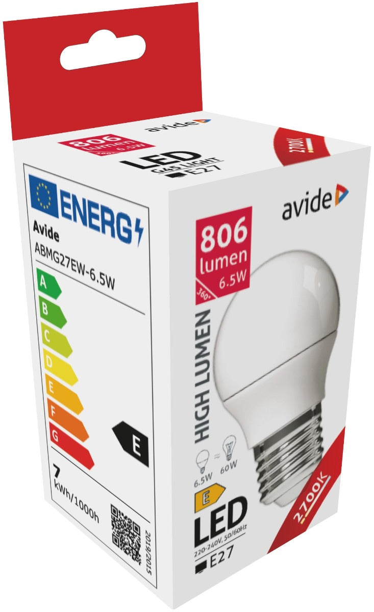 Avide Λάμπα LED Σφαιρική G45 6.5W E27 Θερμό 2700K High Lumen