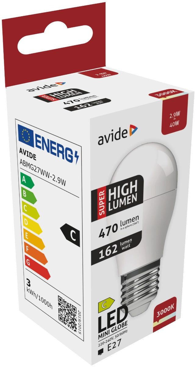 Avide Λάμπα LED Σφαιρική G45 2.9W E27 Θερμό 3000K Super High Lumen