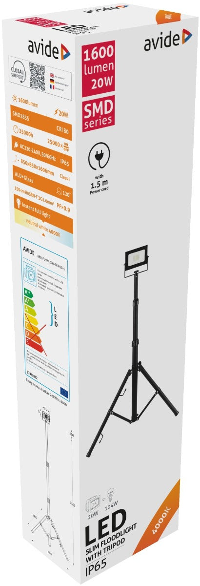 Avide LED Προβολέας Slim SMD 20W Λευκό 4000K 1 Κεφαλή με Τρίποδο