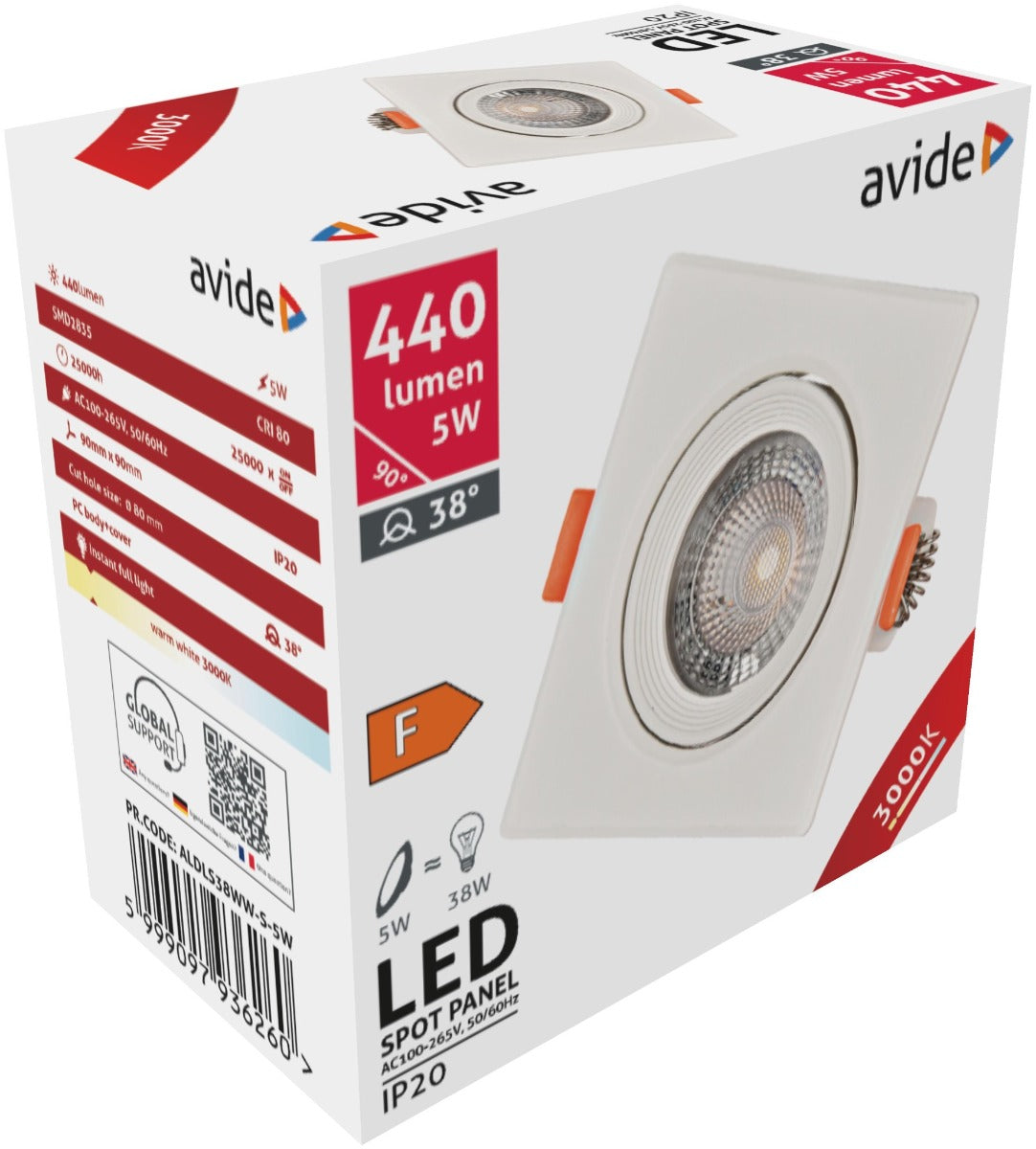 Avide Λάμπα LED Χωνευτό Σποτ 38° Τετράγωνο 5W Θερμό 3000K