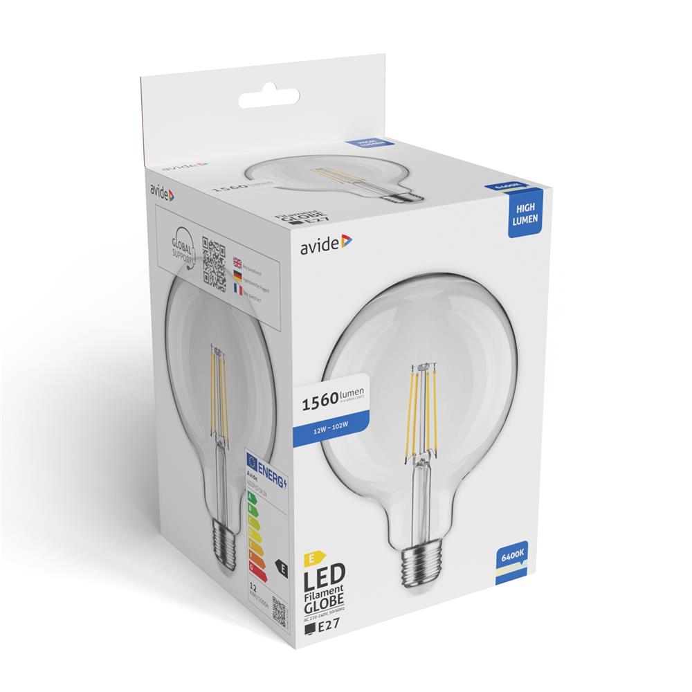 Avide Value LED G125 Filament Σφαιρική E27 12W CW 6400K