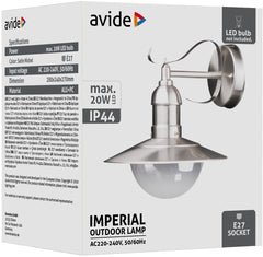 Avide Επιτοίχιο Φωτιστικό Εξωτερικού Χώρου Imperial 1xE27 IP44 Σατέν Νίκελ