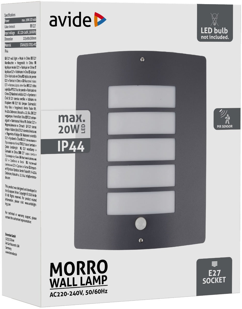 Avide Επιτοίχιο Φωτιστικό Εξωτερικού Χώρου Morro 1xE27 PIR IP44 Antracit