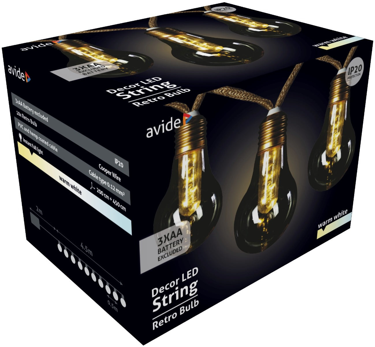 Avide Εξωτερική Γιρλάντα 5m Θερμό Λευκό Decor 3xAA excl.