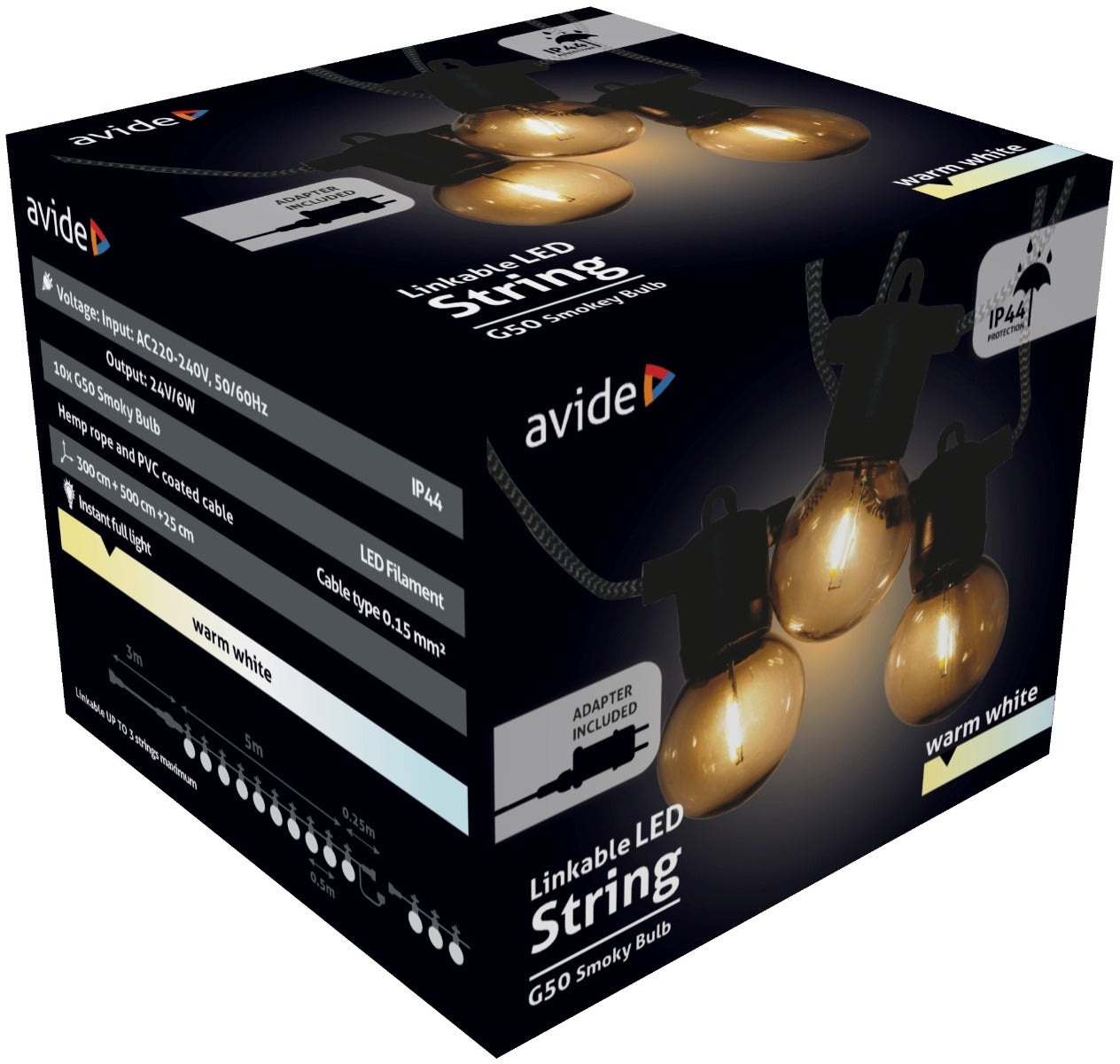 Avide Εξωτερική Γιρλάντα 5m Θερμό Λευκό με Καφέ Σχοινί με Δυνατότητα Επέκτασης