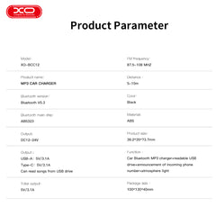 XO BCC12 Smart Φορτιστής Αυτοκινήτου Bluetooth MP3+5V3.1A με Φως