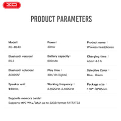 XO BE43 Lion Dancing Αναδιπλούμενα Ακουστικά Κεφαλής Bluetooth (Πράσινα)