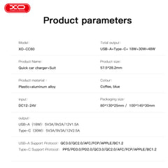 XO CC60 Smart Φορτιστής Αυτοκινήτου A30W+C30W/Ταυτόχρονη 60W Μπλε με Διαφάνεια