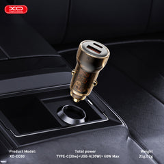XO CC60 Smart Φορτιστής Αυτοκινήτου A30W+C30W/Ταυτόχρονη 60W Μαύρο με Διαφάνεια