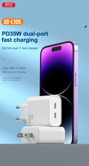 XO L105 (EU) 35W Διπλός Φορτιστής Ταχείας Φόρτισης Type-C με Καλώδιο Lightning