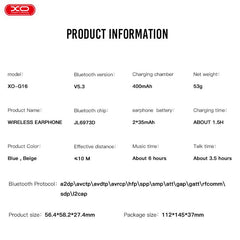 XO G16 Ασύρματα Ακουστικά Linglong dual-mic ENC TWS Μπλε