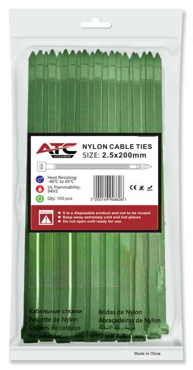 ATC Δεματικά 2.5x200mm Νάιλον Πράσινα 100τμχ Σακουλάκι