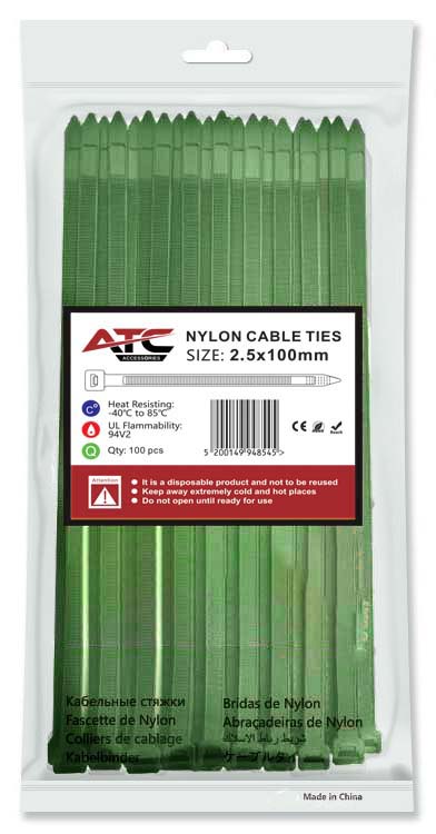 ATC Δεματικά 2.5x100mm Νάιλον Πράσινα 100τμχ Σακουλάκι