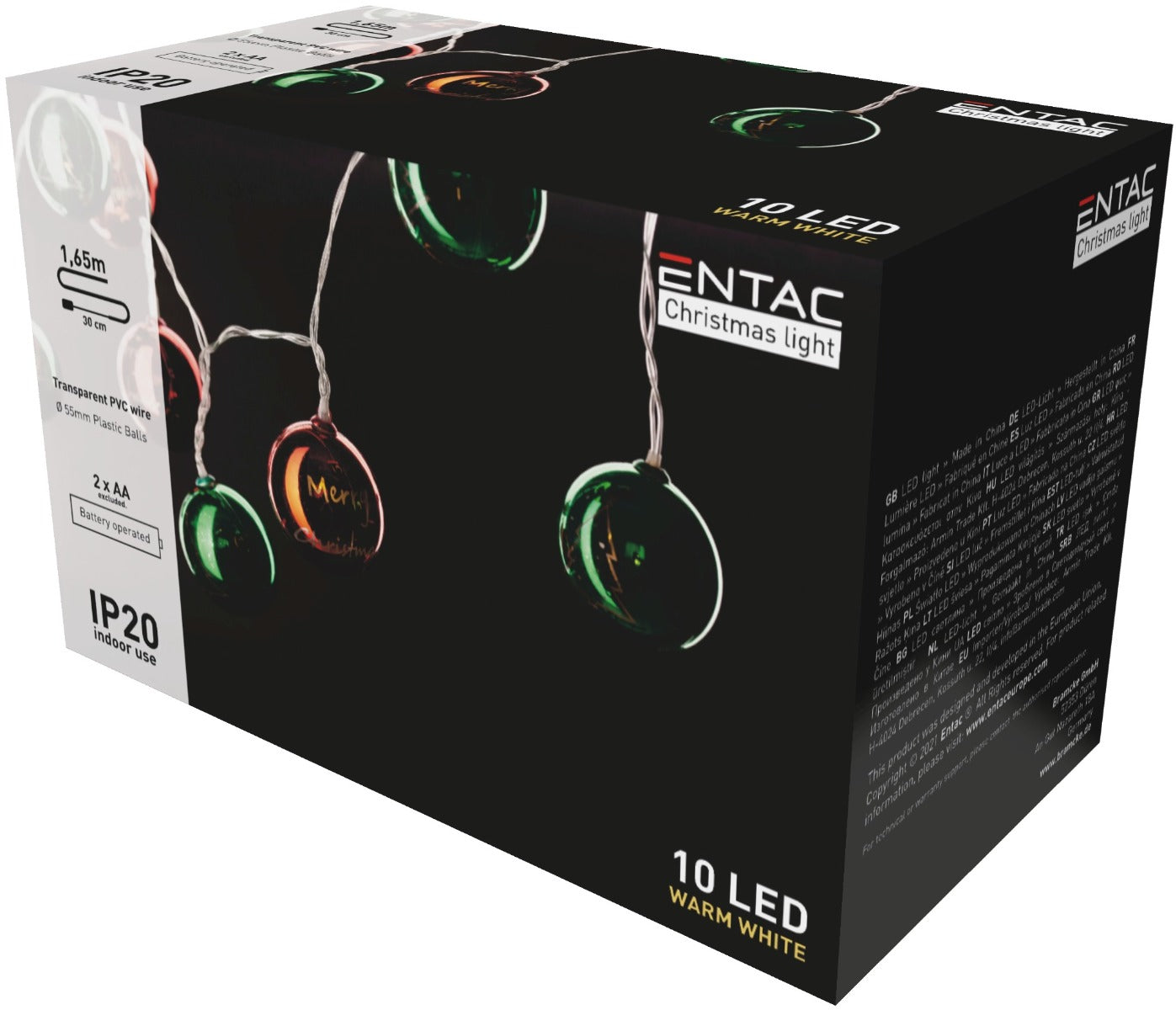 Entac Χριστουγεννιάτικα Λαμπάκια Εσωτερικά Χρωματιστές Μπάλες 55mm 10 LED Θερμό 1,65μ