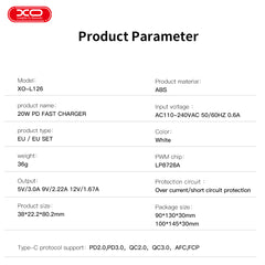 XO L126 USB-C Φορτιστής Ταχείας Φόρτισης PD20W με Καλώδιο Type-C (NB-Q190A)