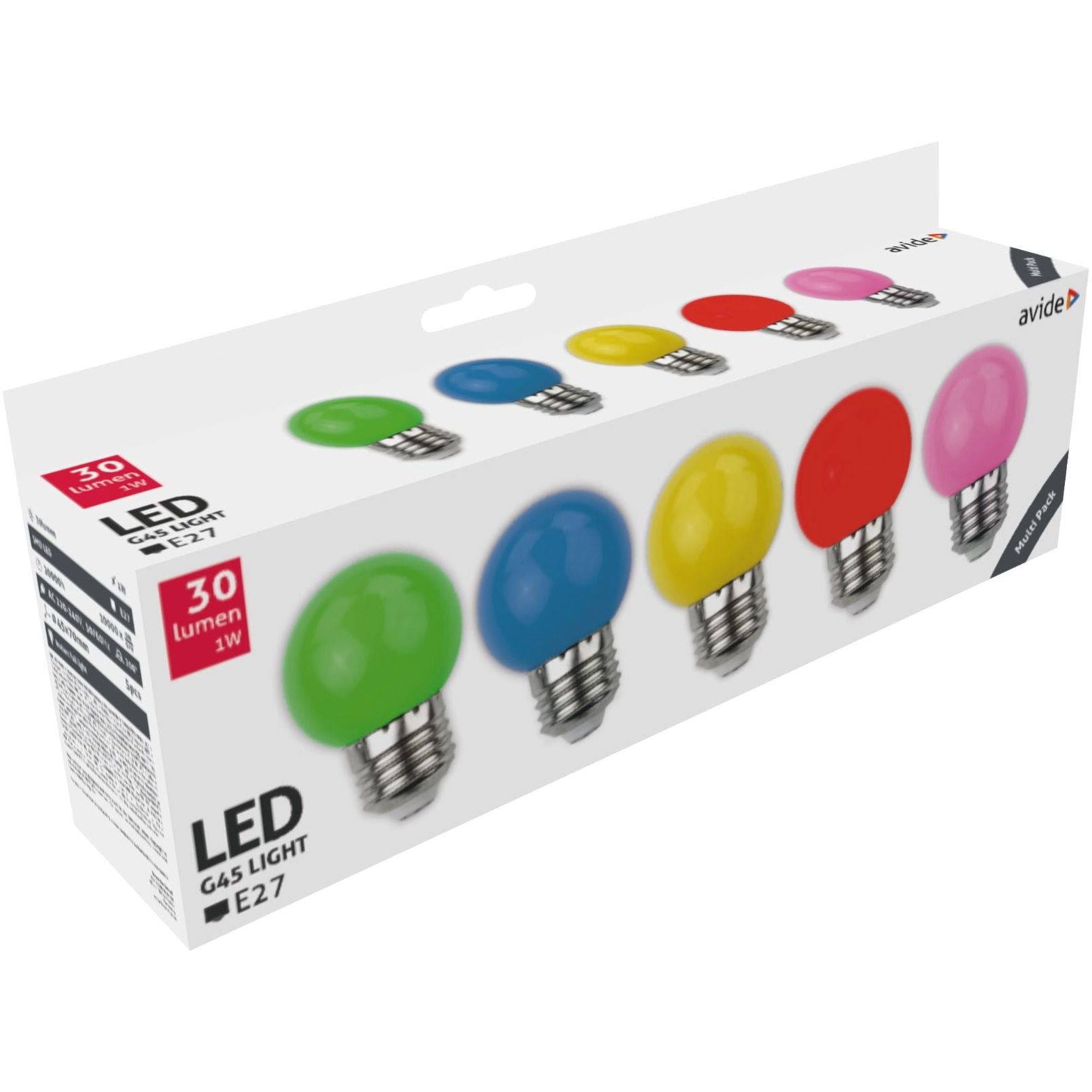 Avide LED Διακοσμητική Λάμπα G45 1W E27 5τμχ (Πράσινο/Μπλέ/Κίτρινο/Κόκκινο/Ρόζ)