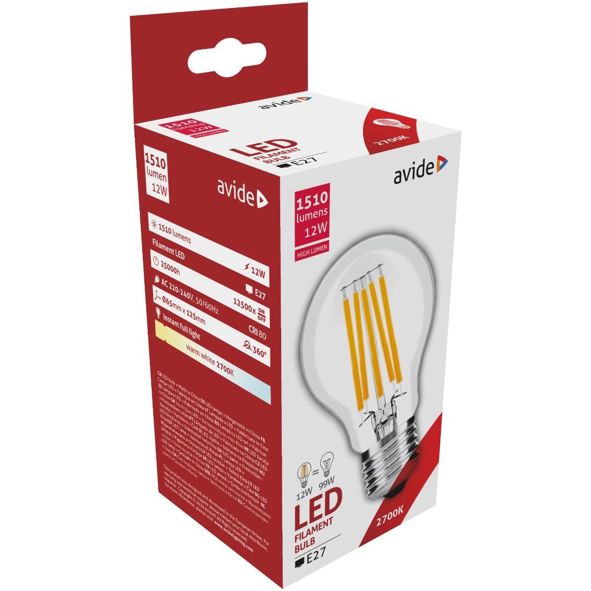 Avide Λάμπα LED Filament Κοινή 12W E27 A65 360° Θερμό 2700K High Lumen