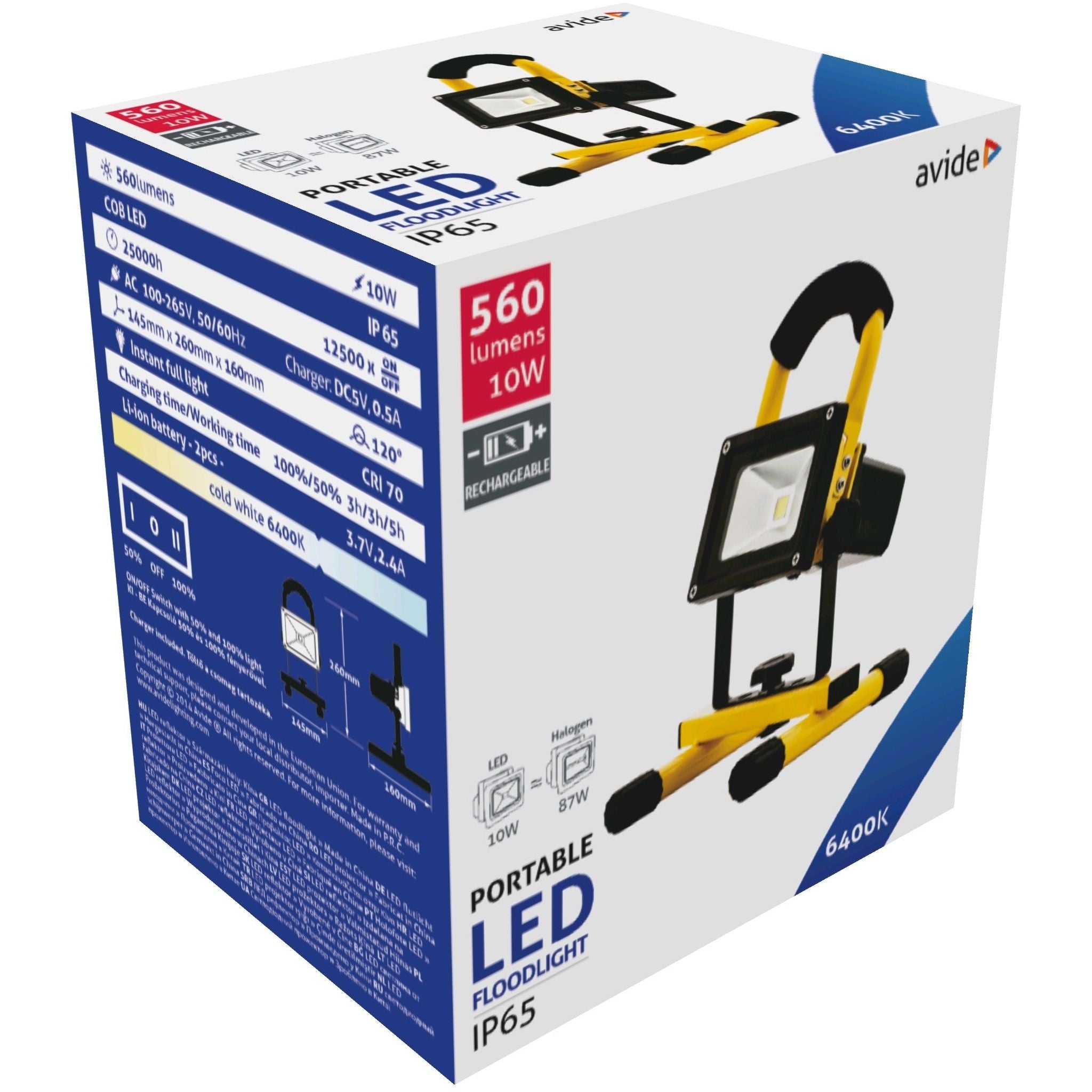 Avide LED Προβολέας Επαναφορτιζόμενος 10W Ψυχρό 6400K