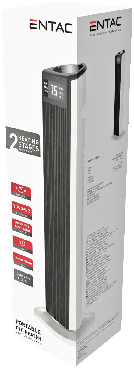 Entac PTC Αερόθερμο Πύργος Λευκός με Οθόνη LED 2000W 74cm