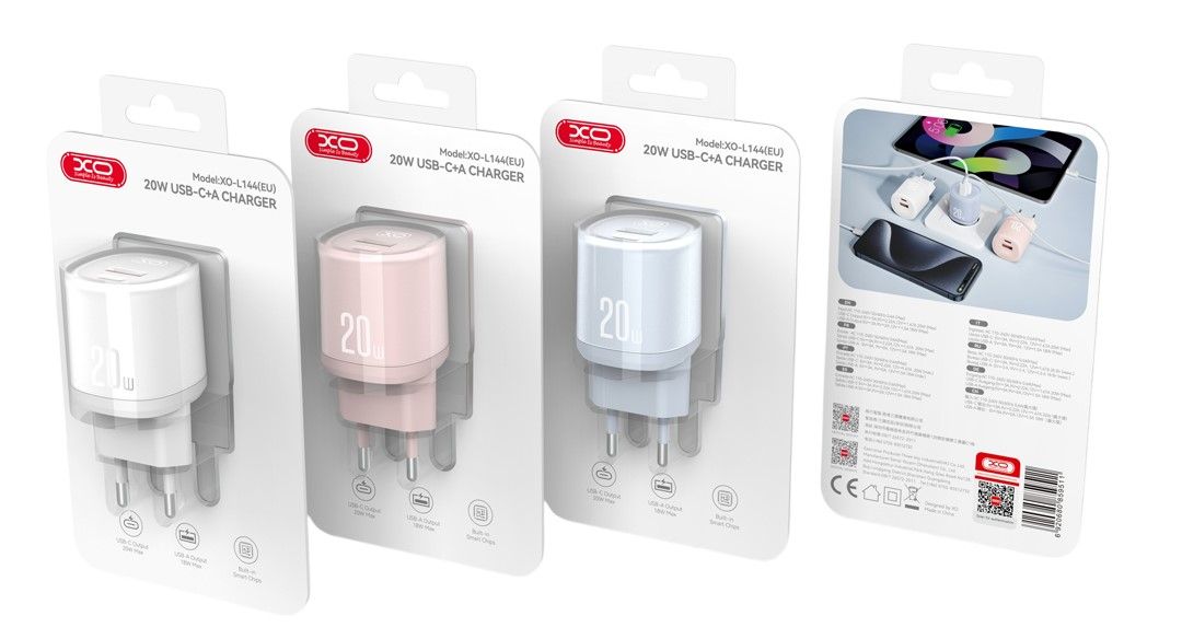 XO L144(EU) Φορτιστής PD20W 1USB-A+1USB-C Ροζ