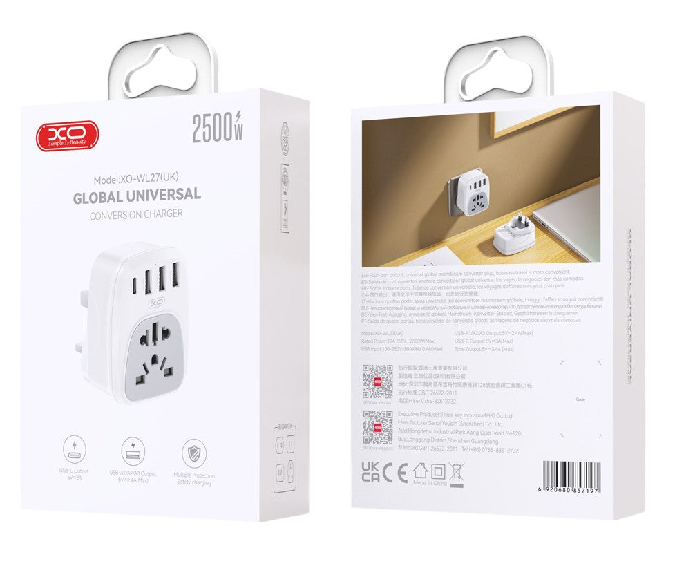 XO WL27 Αντάπτορας Πρίζας UK σε Universal με 1 USB-C & 3 USB-A Θύρες Φόρτισης